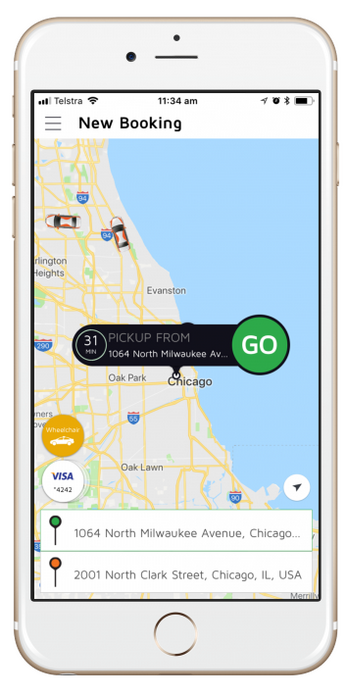 The BriteLift ride booking app showing a new booking on a map